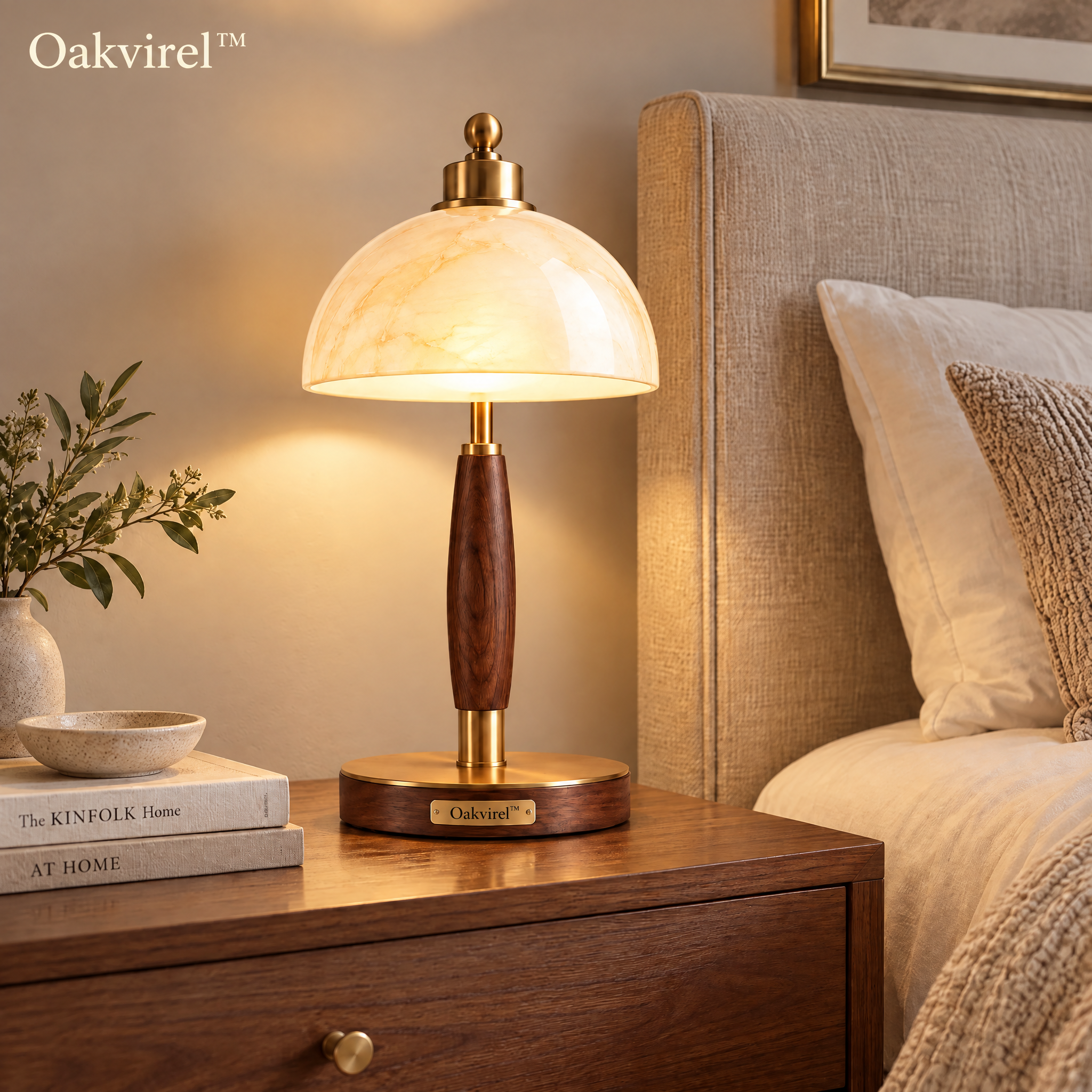 
                Oakvirel™ Liora Brass & Walnut Dome Table Lamp
                