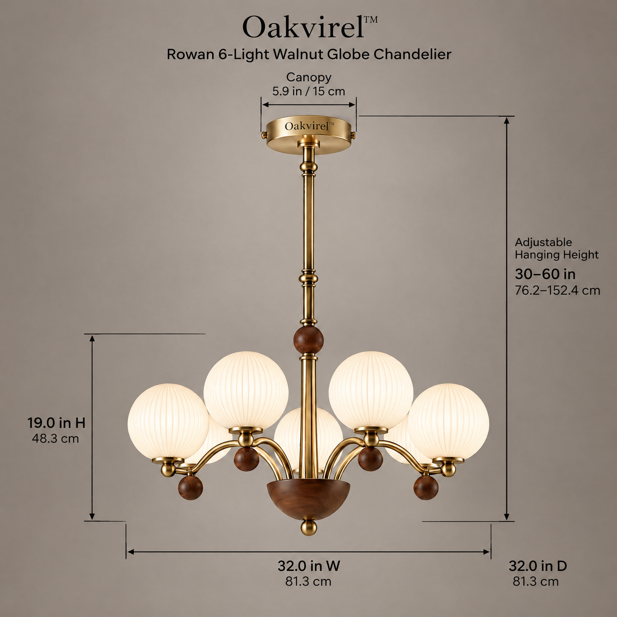 Oakvirel™ Rowan 6-Light Walnut Globe Chandelier