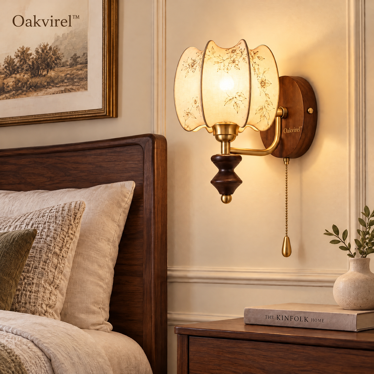 Oakvirel™ Marielle Brass & Walnut Fabric Wall Sconce