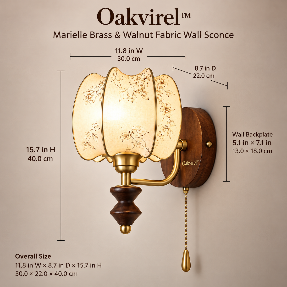 Oakvirel™ Marielle Brass & Walnut Fabric Wall Sconce