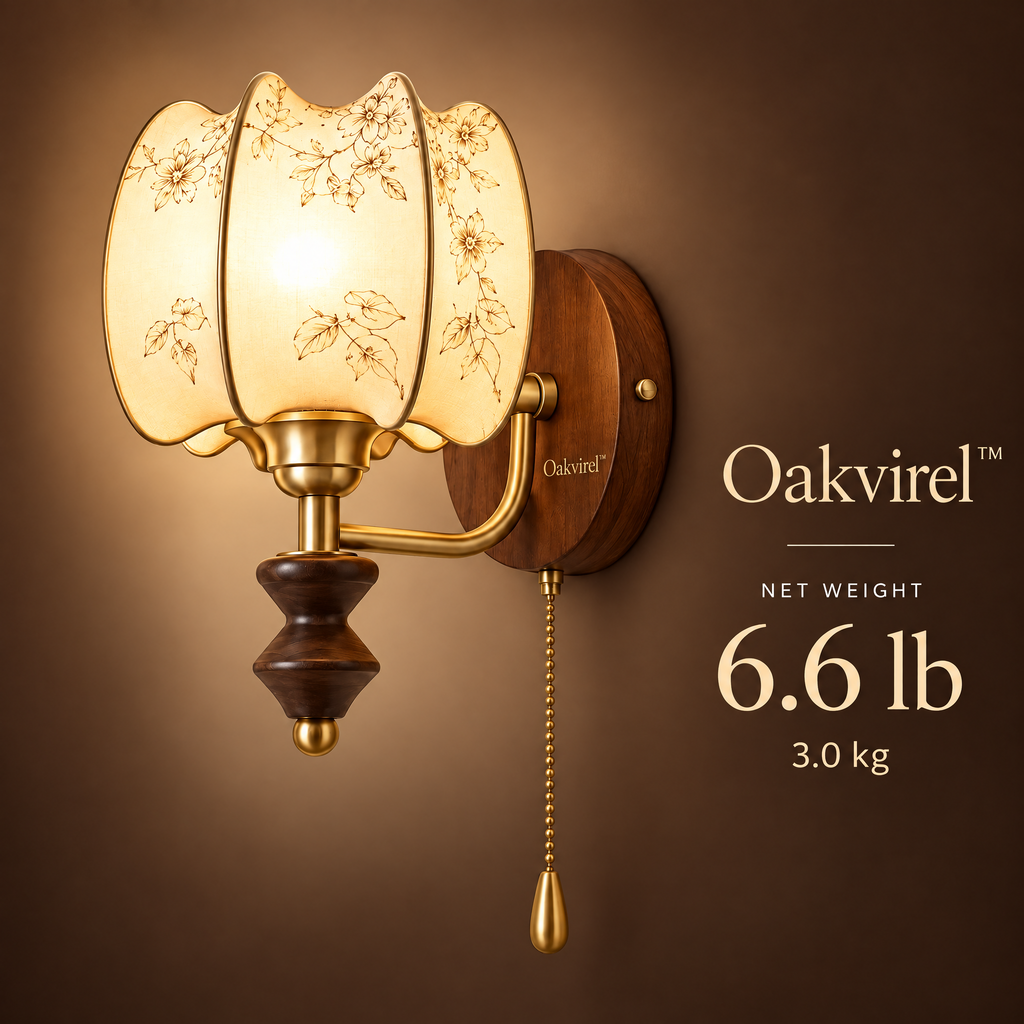 Oakvirel™ Marielle Brass & Walnut Fabric Wall Sconce