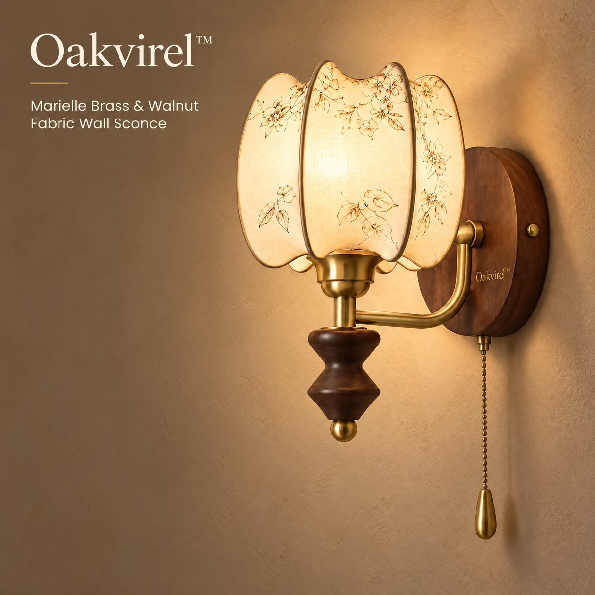 Oakvirel™ Marielle Brass & Walnut Fabric Wall Sconce